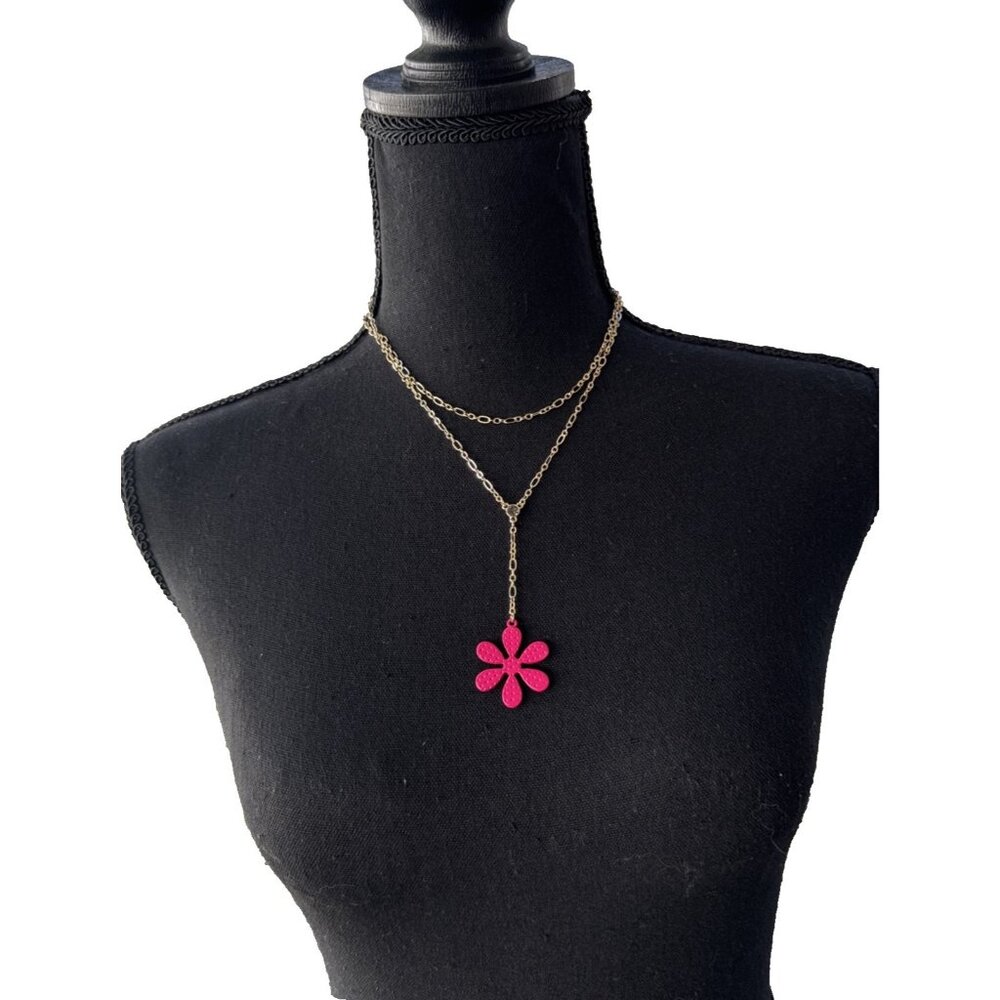 Isaac Mizrahi 12" Gold Two Necklace Set Layered Stacked Pink Flower Pendants NEW